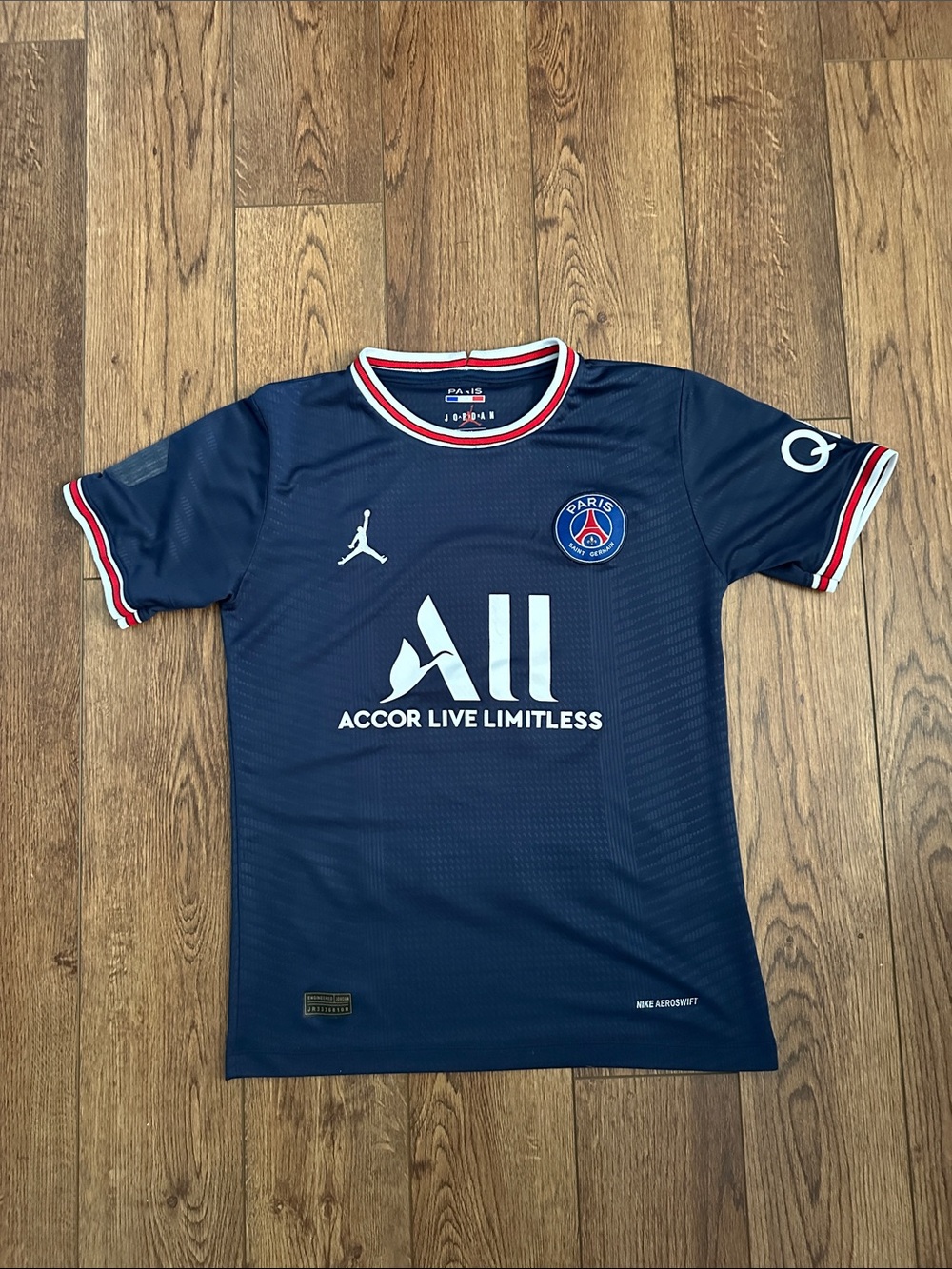 Sergio Ramos Jordan PSG Navy Short Sleeve Soccer Jersey with Red and White Trim